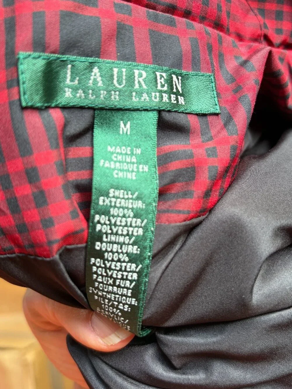 Lauren Ralph Lauren Plaid Vest Size Medium Faux Fur Collar Red Black Plaid - Picture 4 of 5